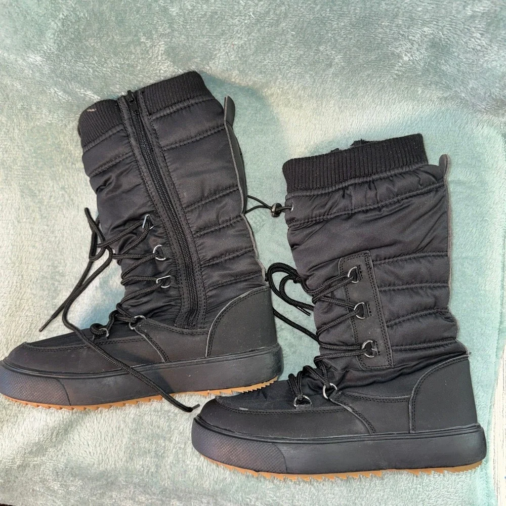 Unbranded Womens Tall Quilted Snow Boots 7 Black Lace Up Side Zip Thermal